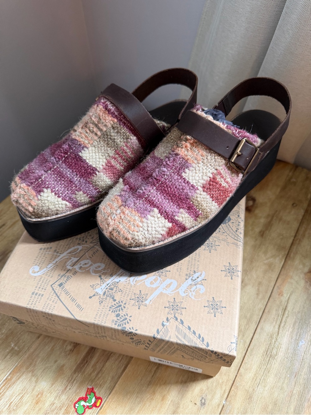 Free People Astrid Pink & Cream Woven Platform Clogs with Brown Strap - Picture 2 of 5